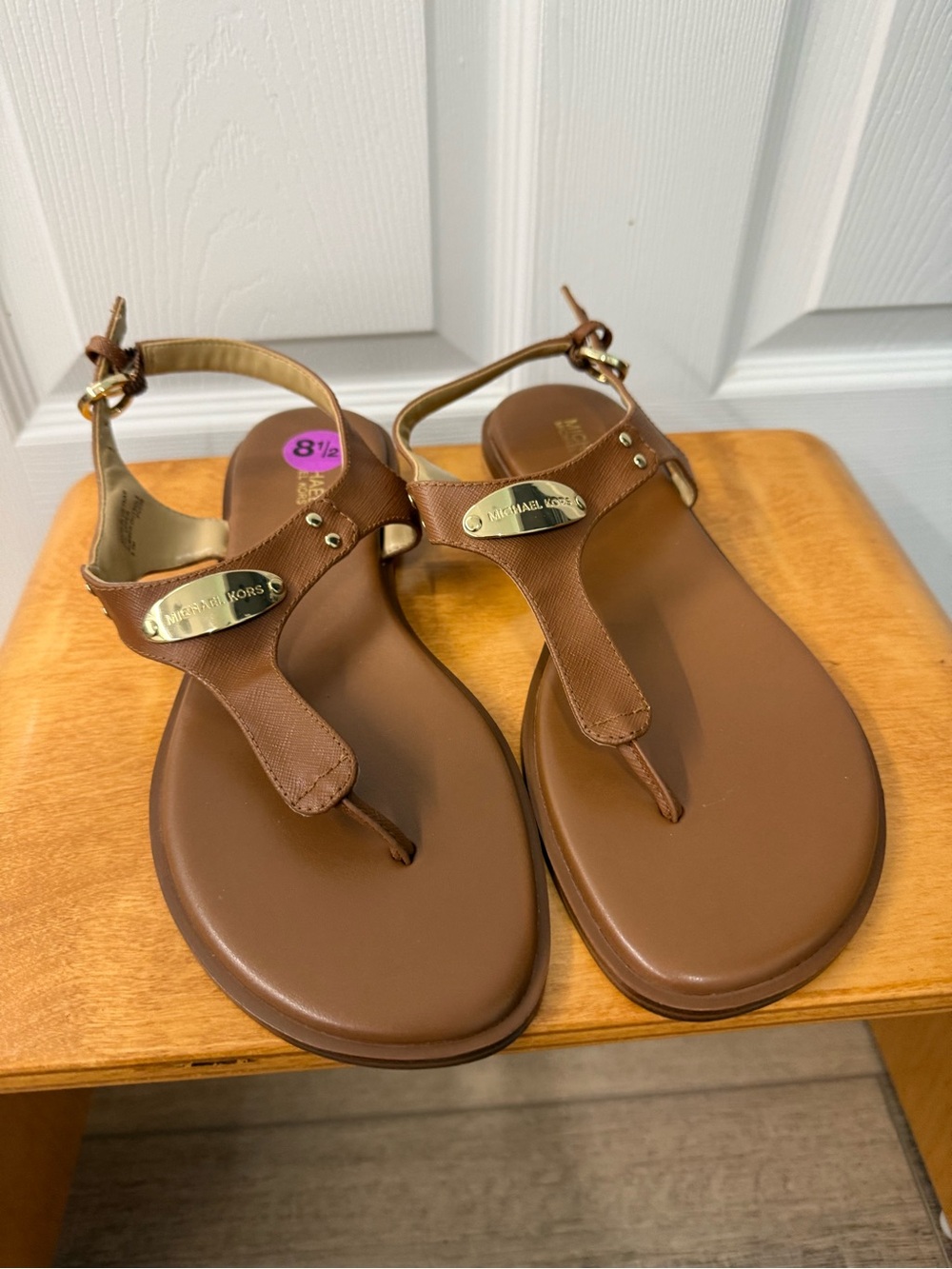 Michael Kors Brown Leather T-Strap Sandals with Gold Logo